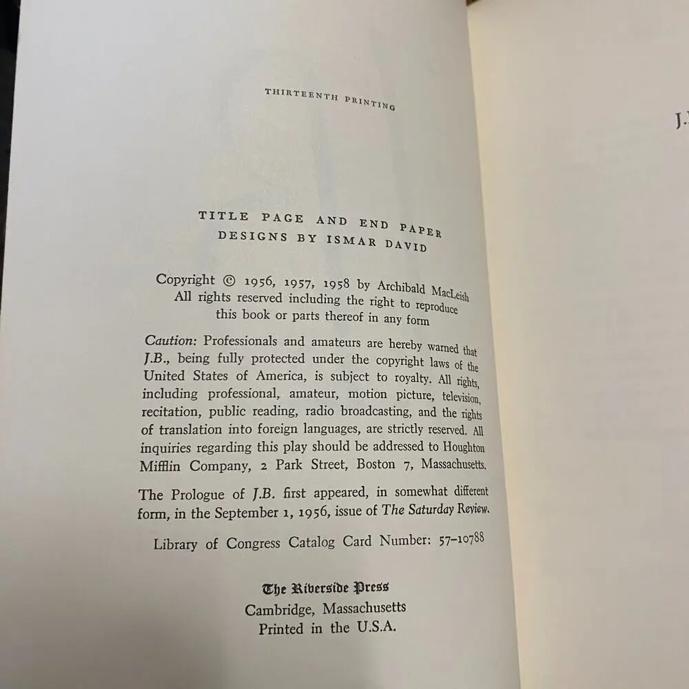 J.B. a Play in Verse by ARCHIBALD MacLEISH 1958 Thirteenth Printing HC